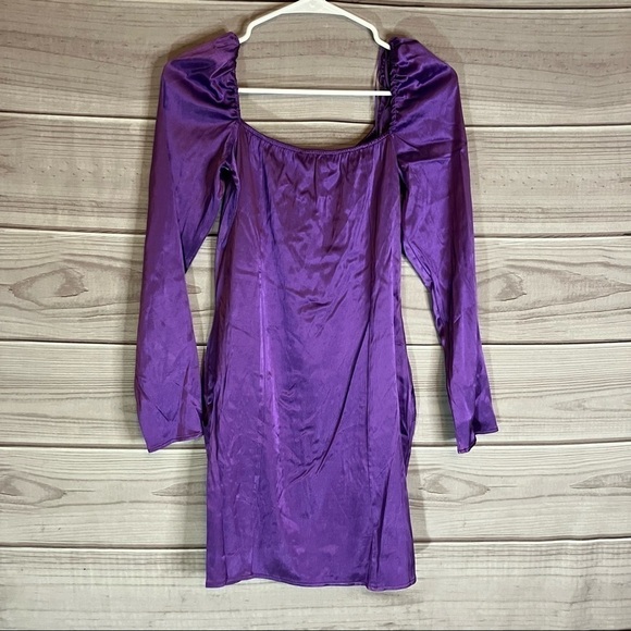 Zara Gathered Satin Mini Long Sleeve Mini Dress in Purple - Picture 9 of 14